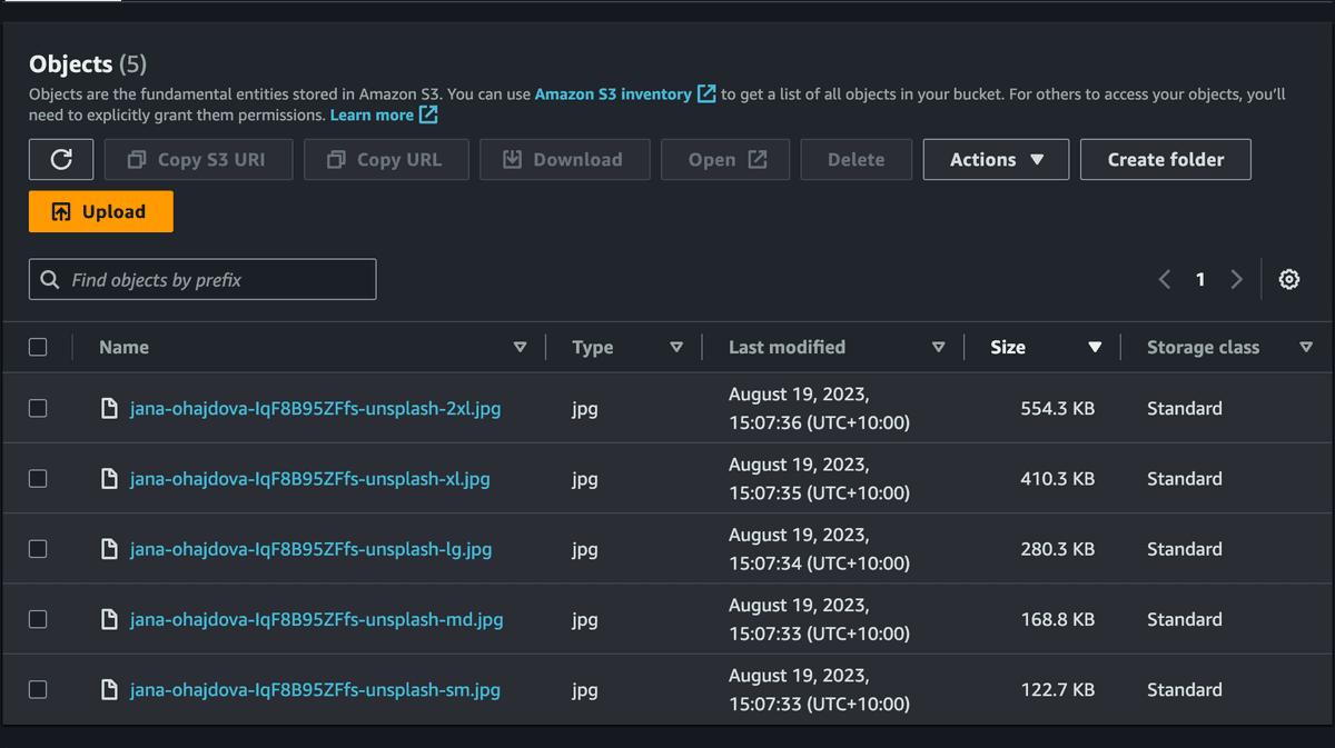 List of resized images in S3 console